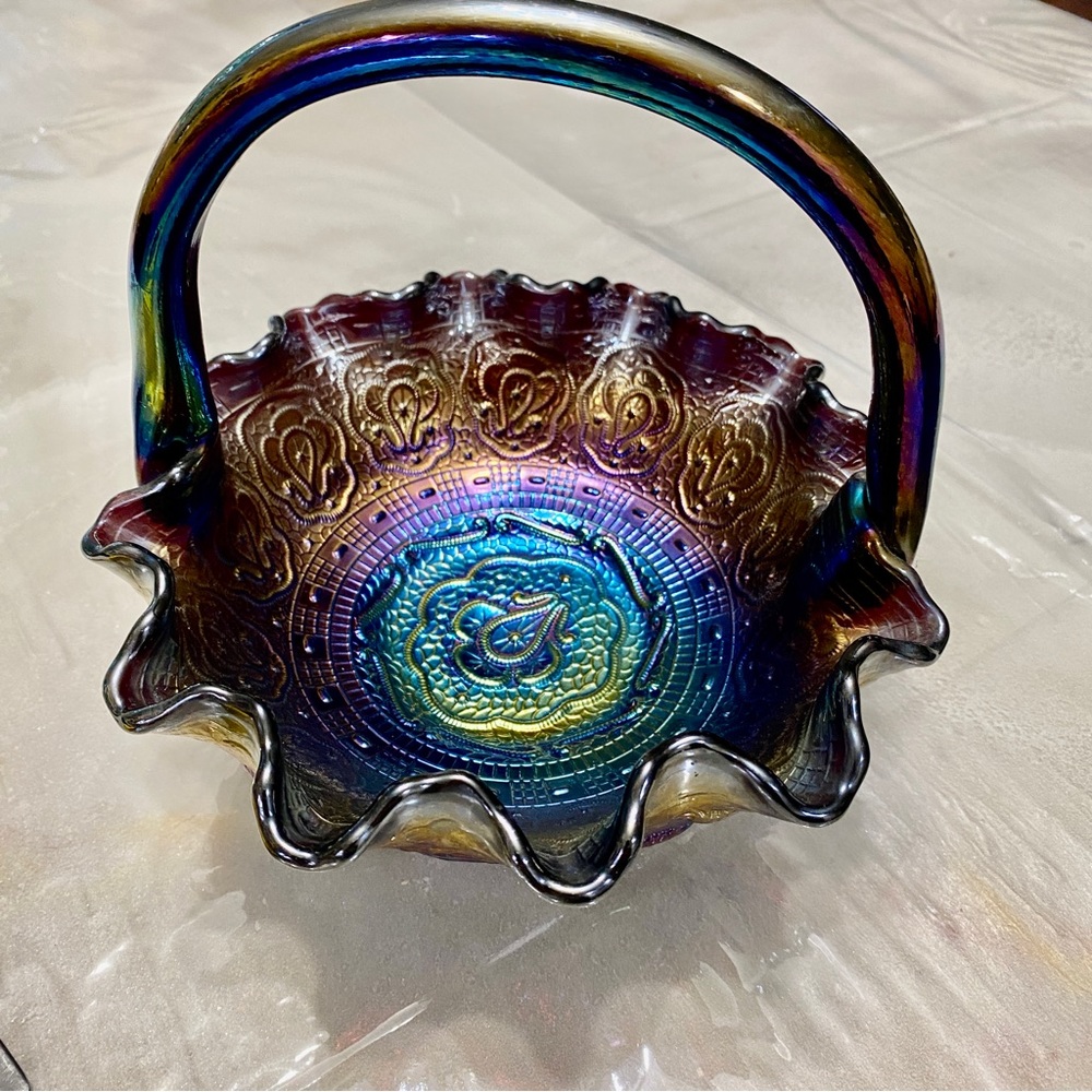 Fenton carnival glass basket with handle
